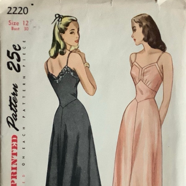 Simplicity 2220 1940s Misses Full Slip Pattern V Neck V Back Midriff Inset Womens Vintage Sewing Pattern Size 12 Bust 30 UNCUT