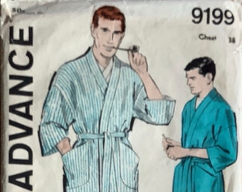 Advance 9199 Mens 1950s 60s Wrap Robe Pattern Loungewear Kimono Sleeve Adult Vintage Sewing Pattern Chest 38 or Chest 34