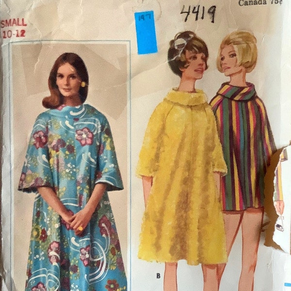 Butterick 4419 1960s Misses CAFTAN Cover Up Tent Dress Pattern Bell Sleeves Easy Womens Vintage Sewing Pattern Size Small Bust 31 32