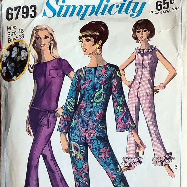 Simplicity 6793 1960s Lounging Bellbottom Zip Front Jumpsuit Pajamas Pattern Kick Back or Party Womens Vintage Sewing Pattern Size 18 B 38