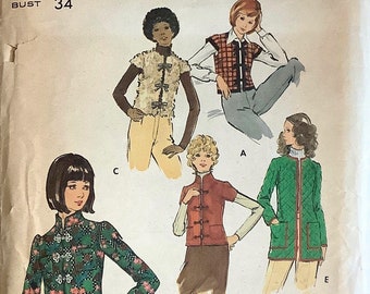 Butterick 6753 1970s Misses Oriental  Jacket and Vest Pattern Mandarin Collar Option Womens Vintage Sewing Pattern Size 12 Bust 34 UNCUT