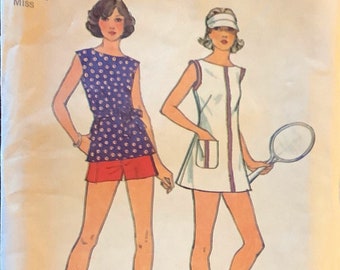 1970s Simplicity 6398 Jiffy Short Tennis Dress or Top and Shorts Pattern Womens Vintage Sewing Pattern Size 12 Bust 34 Or 14