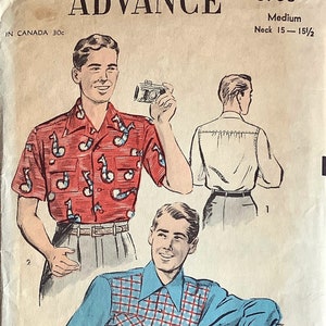 1940s Advance 3968 Mens Shirt Pattern Rockabilly Short or Long Sleeve Contrast Size Medium Chest 38 - 40