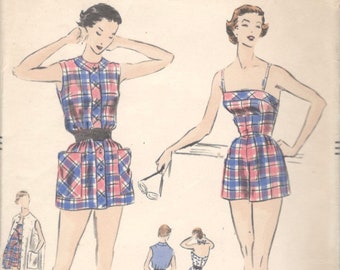 Vogue 7860 1950s Misses One Piece Swimsuit and Reversible Tunic Blouse Beach Coat Pattern Womens Vintage Sewing Pattern Size 14 Bust 32