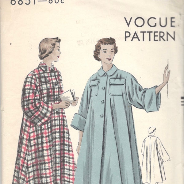 Vogue 6851 1940s Misses Easy Flared Robe Pattern Two Lengths Turn Back Cuffs Womens Vintage Sewing Pattern Size Small Bust 28 30 FF