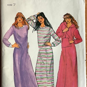 May include: A sewing pattern for three different dresses. The pattern is for moderate stretch knits only. The pattern is for size 7. The pattern is from Butterick and the pattern number is 6845. The price is $1.75.