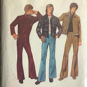 May include: Vintage Simplicity sewing pattern featuring three men's outfits. The pattern includes a burgundy suit, a plaid jacket with blue jeans, and a tan jacket with matching pants. The pattern size is 36 chest, 30 waist.