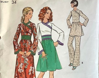 Butterick 6527 1970s Misses Bell Sleeve Dress Tunic and Pants Pattern Asian Influence Womens  Vintage Sewing Pattern Size 12 Bust 34