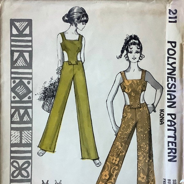 1970s Polynesian 211 Misses Peekaboo Jumpsuit Pattern Kona Square Neckline Button On Top Womens Vintage Sewing Pattern Size 8 Bust 31 UNCUT