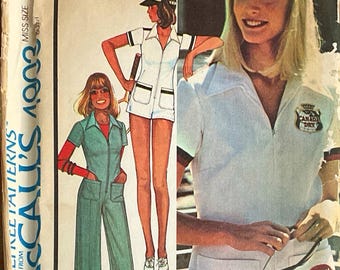 McCalls 4903 Jumpsuit Pattern Zipper Front Tennis Romper Playsuit with Transfers Womens 1970s Vintage Sewing Pattern Size 10 Bust 32 UNCUT