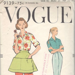 May include: A vintage Vogue sewing pattern for a two-piece outfit. The pattern is for size 10 and includes a green and white striped skirt and a green blouse. The pattern is printed on paper and has a perforated edge.