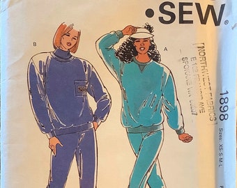 Kwik Sew 1898 1980s  Jogging Suit Pattern Pullover Top Pull On Pants Pattern Womens Vintage Sewing Pattern Size XS S M L Bust 31 - 41 UNCUT