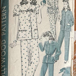 May include: Vintage Hollywood Pattern sewing pattern featuring illustrations of pajama sets. The pattern includes a polka dot set, a plaid set, and a solid-colored set. The pattern also includes instructions for knitted bed socks. The pattern is size 16 with a 34-inch bust and a 27-inch hip.