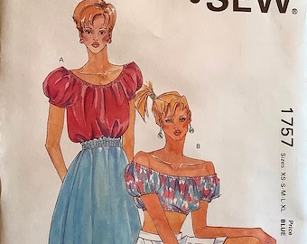 Kwik Sew 1757 Sexy Pullover Tops Pattern Peasant Blouse Crop Top  Elastic Neck Womens Vintage Sewing Pattern Size xs s m l xl B 31-45 UNCUT