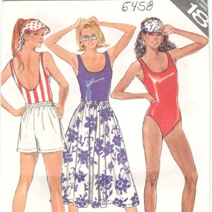 1980s Butterick 6458 Misses One Piece Low Back Bathing Suit Skirt Shorts Visor Pattern Easy Womens Vintage Sewing Pattern Size 8 10 12 UNCUT
