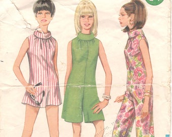 1960s Butterick 4474 Misses Flared JUMPSUIT Culottes Dress Sunsuit Romper Roll Collar Pattern Womens Vintage Sewing Pattern Size 10 Bust 31