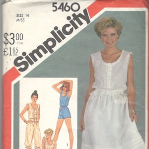May include: Simplicity sewing pattern number 5460 for a size 14 miss. The pattern includes three different styles: a sleeveless top with a gathered skirt, a sleeveless jumpsuit with a gathered skirt, and a skirt with a gathered top. The pattern is printed on a white background with red and black text.