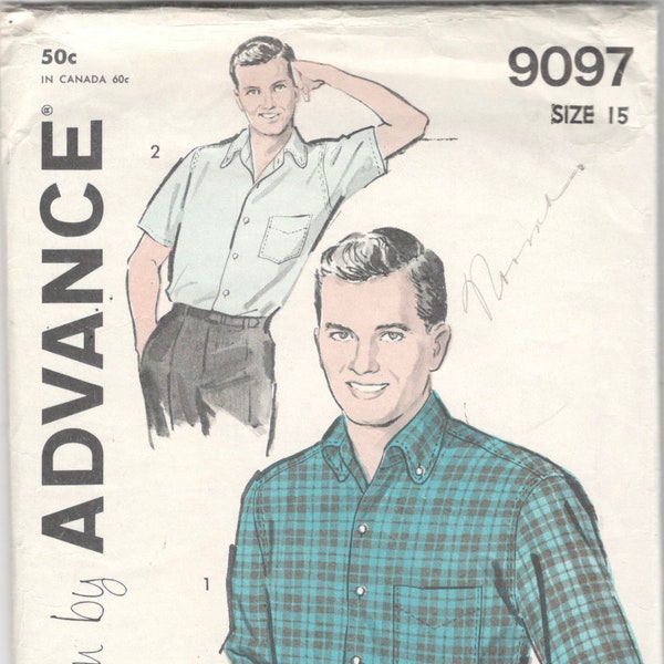 Advance 9097 1950s Mens Shirt Pattern PAT BOONE Twixt Twelve and Twenty Adult Vintage Sewing Pattern Size Neck 15