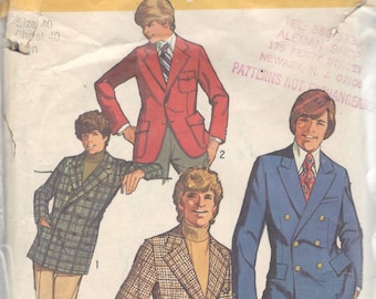Simplicity 9598 1970s Mens Set Fitted Jackets Pattern Single or Double Breasted Adult Teen Vintage Sewing Pattern Chest 40 Or Chest 44