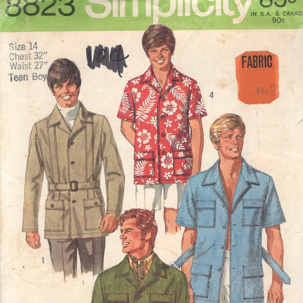 Simplicity 8823 1970s Mens Safari Shirt Jacket Pattern Hawaiian Sporty Cargo Style Adult Teen Vintage Sewing Pattern Chest 32 Or Chest 42