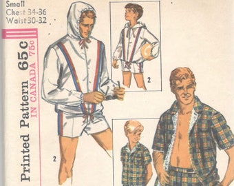 Simplicity 5997 1960s Mens Swim Trunks Swimsuit and Zip Front Hooded Jacket Shirt Pattern Adult Vintage Sewing Pattern Size Small