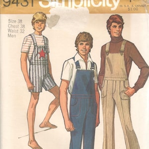 Simplicity 9431 1970s Mens Teen Bib Overalls Pattern Jumpsuit Coveralls Uniform Romper Adult Teen Boys Vintage Sewing Pattern Chest 32