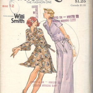 May include: A vintage sewing pattern for two outfits, one with a floral print and the other a solid purple. The pattern is for size 12 and is from Butterick, The Fashion One. The pattern number is 3855 and the price is $1.25.