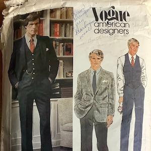 Vintage 1980s Vogue 2585 Mens Three Piece Suit Pattern Jacket Pants and Vest Designer Bill Blass Adult Sewing Pattern Chest 40 Or Chest 38