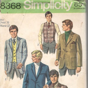 Simplicity 8368 1960s Mens Vest and Shaped Jacket Pattern Adult Vintage Sewing Pattern Chest 42