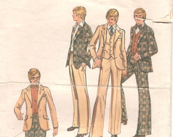 Butterick 5722 1970s Mens Three Piece Suit Pattern Jacket Wide Leg Pants and Vest Adult Vintage Sewing Pattern Chest 42 UNCUT