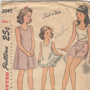 Simplicity 2045 1940s Girls Slip and Side Button Panties Pattern Underclothes Simple to Make Childs Girls Vintage Sewing Size 6 Breast 24