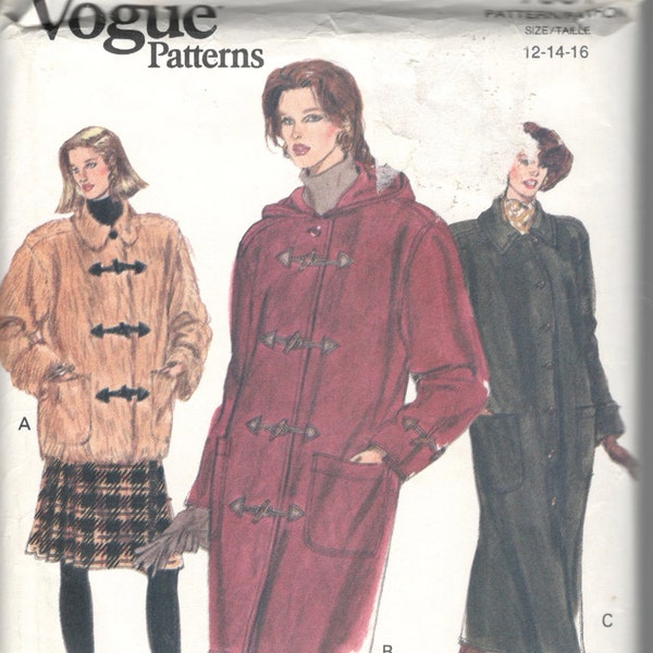 Vogue 7901 Misses Lined Duffle Toggle Coat Jacket Pattern Hood Option 1990s Womens Sewing Pattern Size 12 14 16 Bust 34 36 38 UNCUT