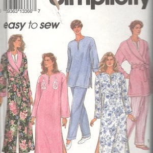 May include: Simplicity sewing pattern featuring various sleepwear designs. The image shows illustrations of a floral robe, a pink nightgown, a blue pajama set, and a floral nightgown with a side slit. The pattern is labeled "easy to sew".