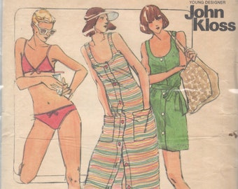 Butterick 3698 1980s Misses Bikini and Button Front Dress Cover Up Pattern John Kloss Womens Vintage Sewing UNCUT Size 12 B 34 Or 14 UNCUT