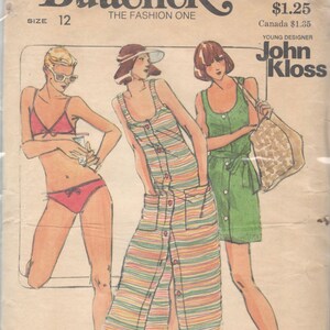 May include: A vintage sewing pattern for a striped maxi dress with a button-down front and a matching bikini top. The pattern is from Butterick and is designed by John Kloss. The pattern is size 12 and costs $1.25.