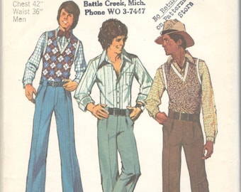 Simplicity 5881 1970s Mens Cuffed Wide Leg Pants Shirt and Vest Pattern Disco Style Adult Vintage Sewing Pattern Chest 38 Or Chest 42 UNCUT