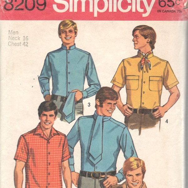 Simplicity 8209 1960s Mens Mod Shirt Pattern Nehru or Notched Collar Pattern Adult Vintage Sewing Pattern Size Chest 42 Or 40