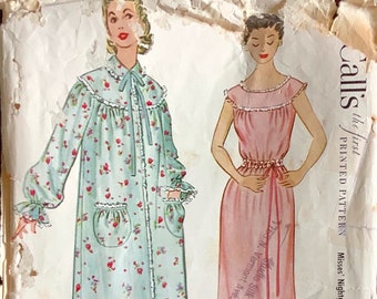 McCalls 9592 1950s Misses Robe Nightgown Pattern Full Regular Length Bellows Pockets Womens Vintage Sewing Pattern Size 14 Bust 32