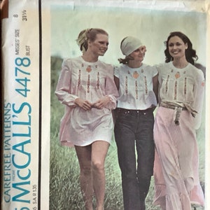 McCalls 4478 1970s Misses Front Yoked Dress or Top Pattern Hippie Flower Child Boho Size 8 Bust 31 Transfers image 1