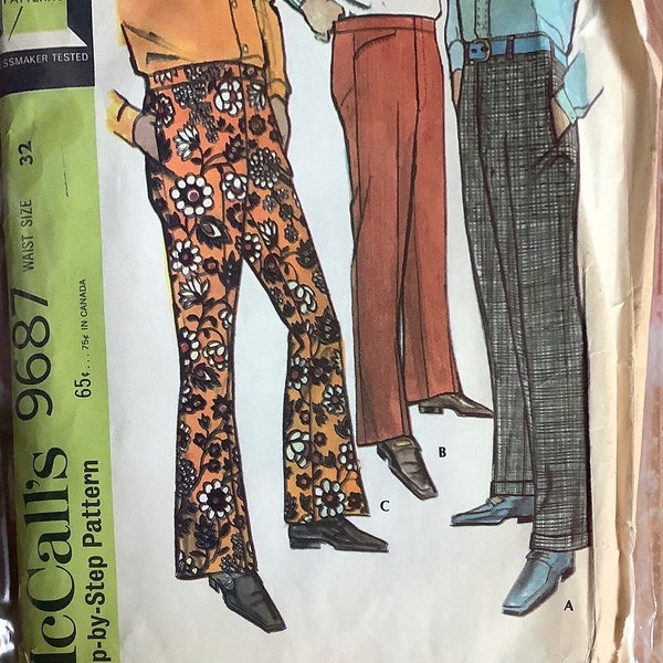 McCalls 9687 1960s Mens Pants Pattern Bell Bottoms Cuffed and Straight Leg Trousers Adult Vintage Sewing Pattern Waist 32