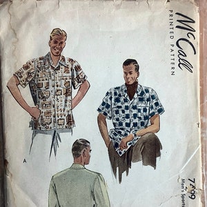 May include: Vintage McCall's sewing pattern for a men's sports shirt. The pattern is for size medium and includes three different views of the shirt. The pattern is printed on a white background with black text. The text on the pattern reads "McCall's Printed Pattern 7499 Men's Sports Shirt Size Medium 13-15"
