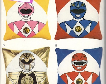 Butterick 4063 POWER RANGER Pillows Pattern 3 Iron On Transfers Pink Red and Blue Mighty Morphins Hero Sewing 20 Inch Square UNCuT
