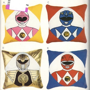 Butterick 4063 POWER RANGER Pillows Pattern 3 Iron On Transfers Pink Red and Blue Mighty Morphins Hero Sewing 20 Inch Square UNCuT