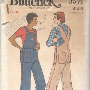 Butterick 3571 1970s Mens Bib Overalls Pattern Patch Pockets Shoulder Straps Adult Vintage Sewing Pattern Chest 36 or 40