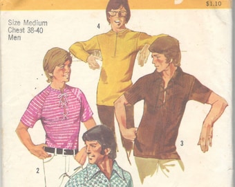 Simplicity 9992 1970s Mens Pullover Shirt Pattern Sleeve Collar Options for Knits Adult Vintage Sewing Pattern Size Small or Medium Or Large