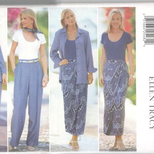 May include: A sewing pattern for a women's skirt and trousers outfit. The pattern includes three different styles: a skirt with a paisley print, a skirt with a solid colour, and trousers with a solid colour. The pattern is from Butterick and is designed by Linda Allard for Ellen Tracy.