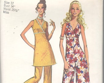 Simplicity 9418  1970s Misses Glamorous V Neck Palazzo Jumpsuit Mini Dress Pants Pattern Womens Vintage Sewing Pattern Size 12 Bust 34 UNCUT