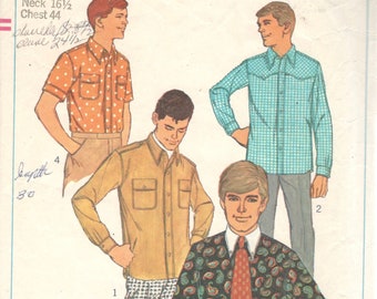Cartamodello Simplicity 6955 per camicia da uomo anni '60, modello Mod con bottoni sul davanti, cartamodello vintage per cucito per adulti, taglia torace 34