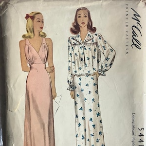 McCall 5441 1940s Deep V Neck Sleeveless Nightgown and  Bed Jacket Womens Vintage Sewing Pattern Size 12 Bust 30 Or Size 42