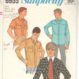 Simplicity 6955 1960s Mens Mod Button Front Shirt Pattern Adult Vintage Sewing Pattern Chest 34 image 1